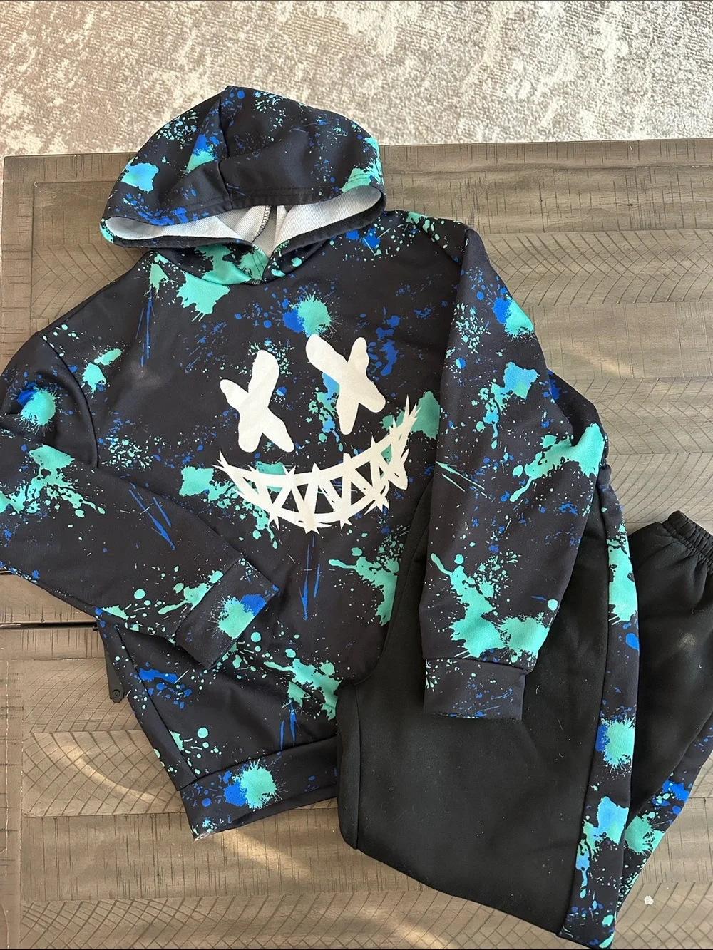 Kids Black Hoodie & Jogger Set with Teal and Blue Splash Graphic